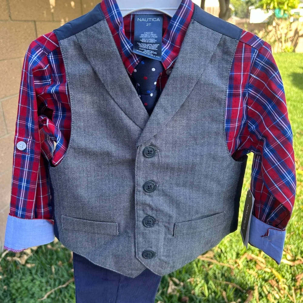 Nautica Kids Gray Vest with Red Plaid Shirt and Navy Tie
